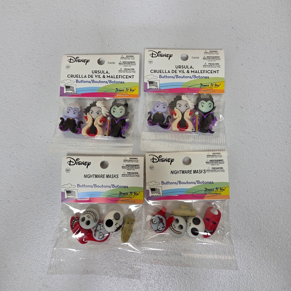 NEW Disney Buttons Lot 4pk Ursula Maleficent Cruella Nightmare Before Christmas